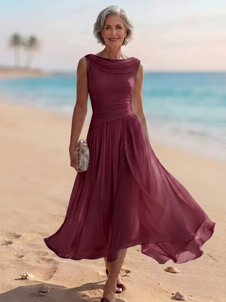 Burgundy sleeveless midi dress with draped neckline and pleated A-line skirt