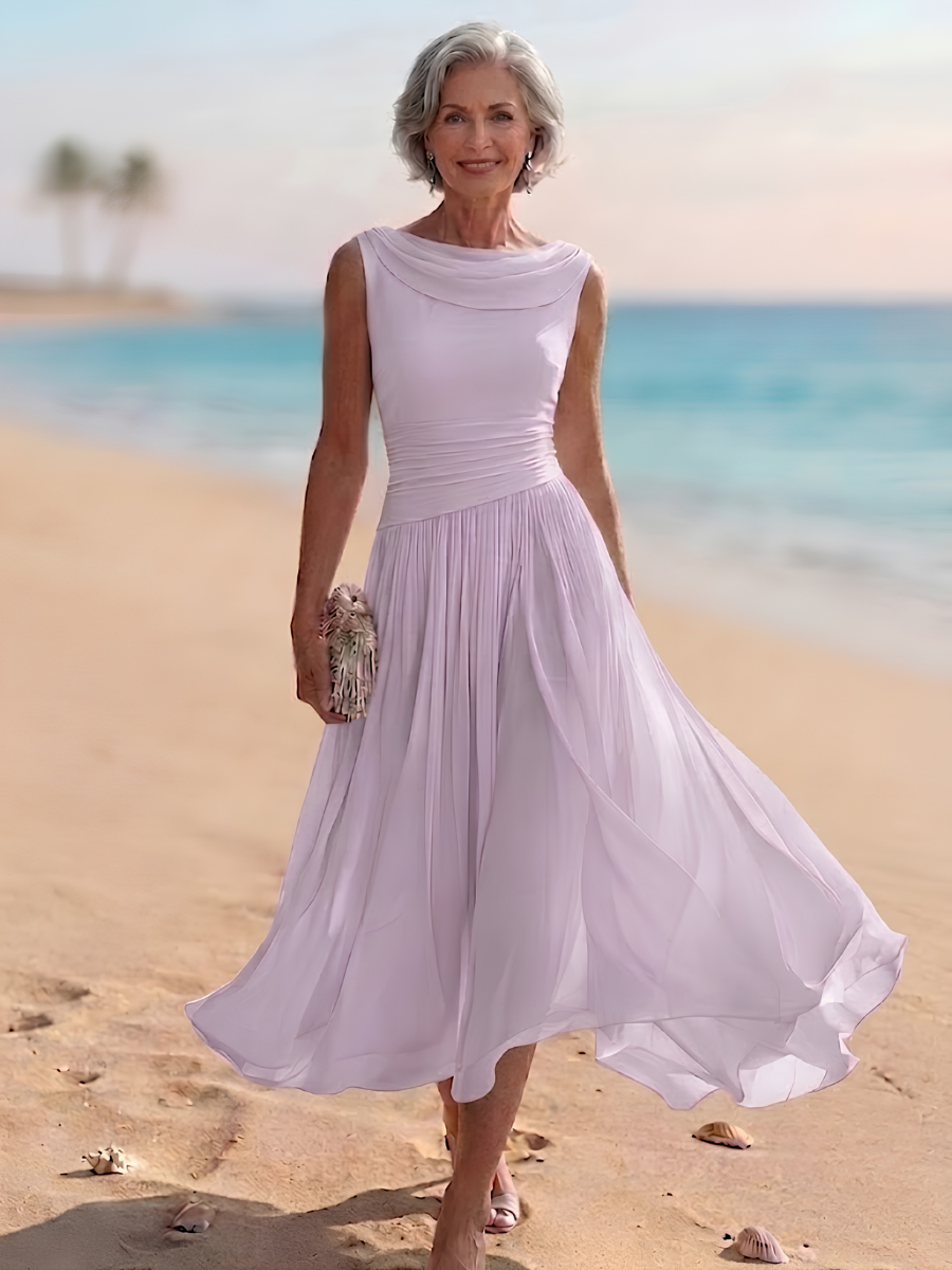 White sleeveless midi dress with draped neckline and pleated A-line skirt