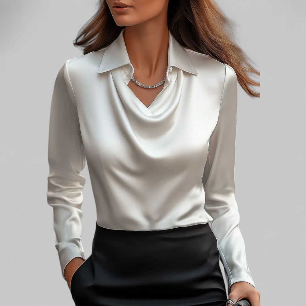 Women's satin blouse, draped V-neck with point collar, long sleeves (white)