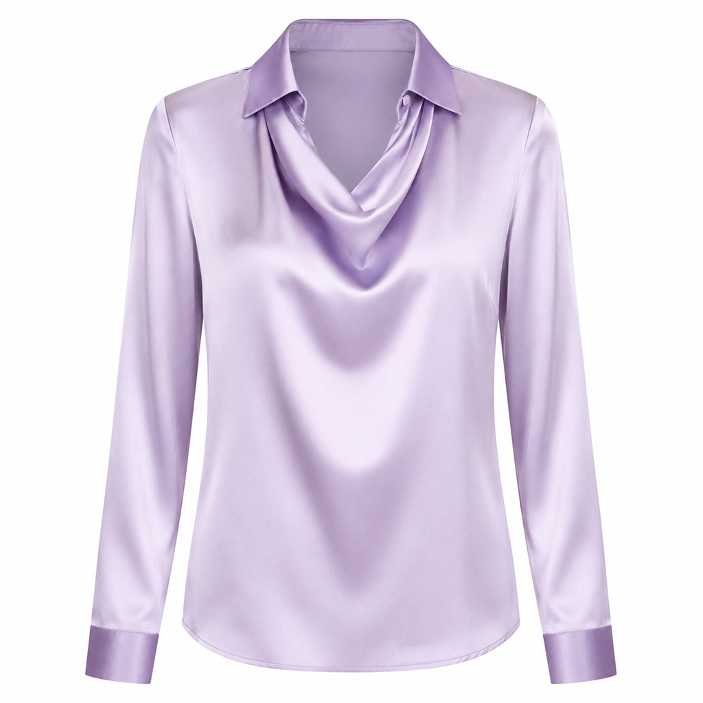 Lavender satin blouse with draped V-neck, point collar, and long sleeves