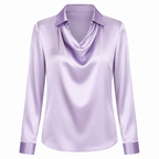 Lavender satin blouse with draped V-neck, point collar, and long sleeves