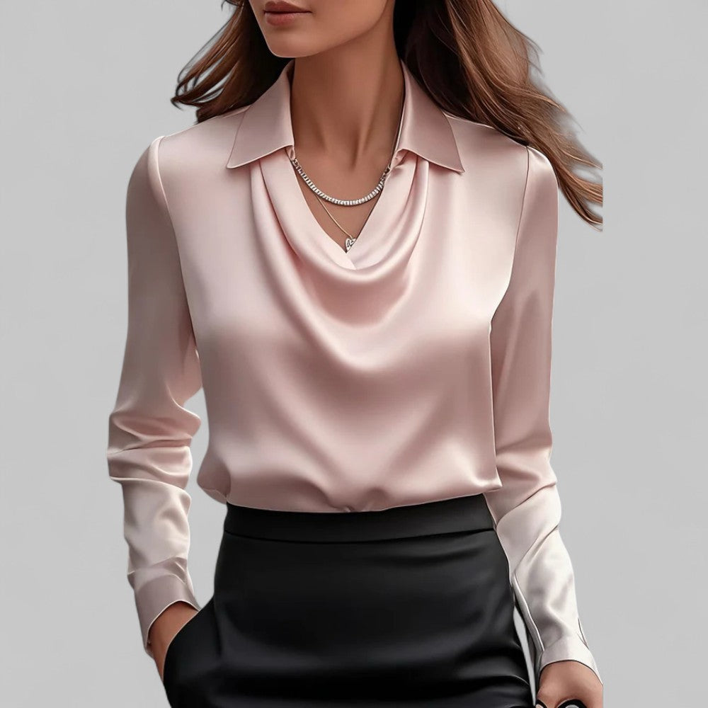 Women's satin blouse, draped V-neck with point collar, long sleeves (pink)