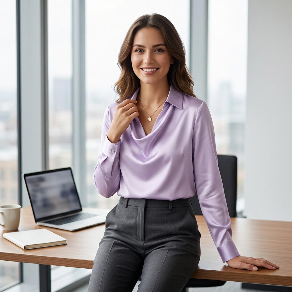 Lavender satin blouse worn with point collar and draped V-neck, long sleeves