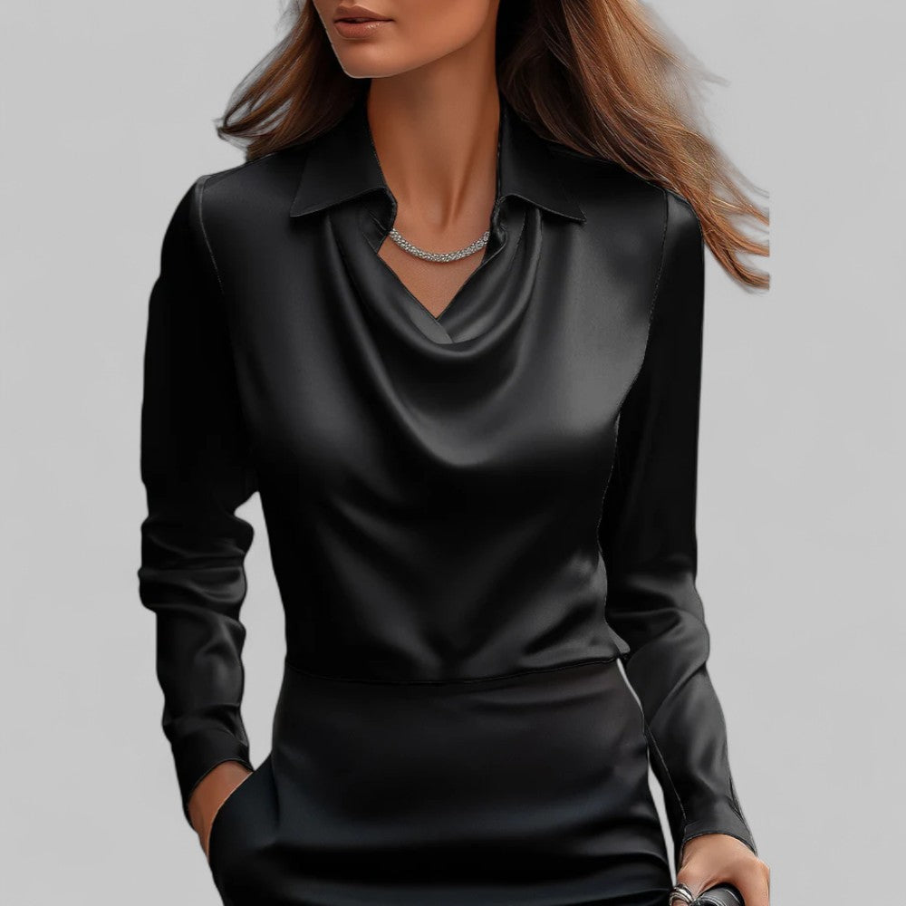Women's satin blouse, draped V-neck with point collar, long sleeves (black)
