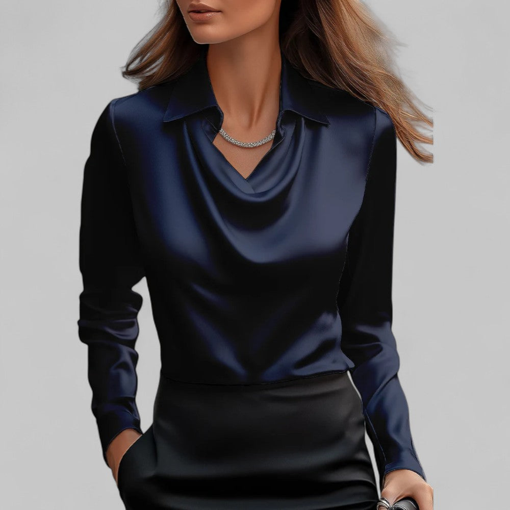 Women's satin blouse, draped V-neck with point collar, long sleeves (navy blue)
