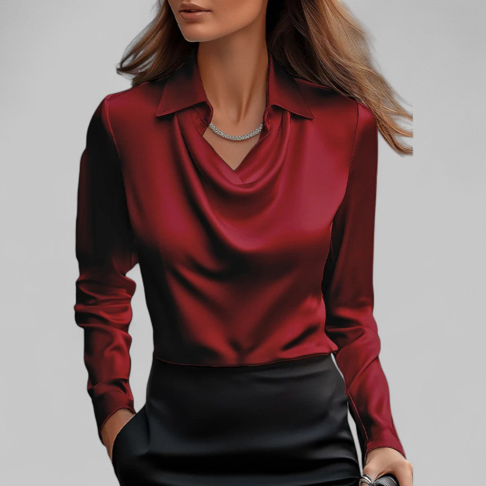 Women's satin blouse, draped V-neck with point collar, long sleeves (red)