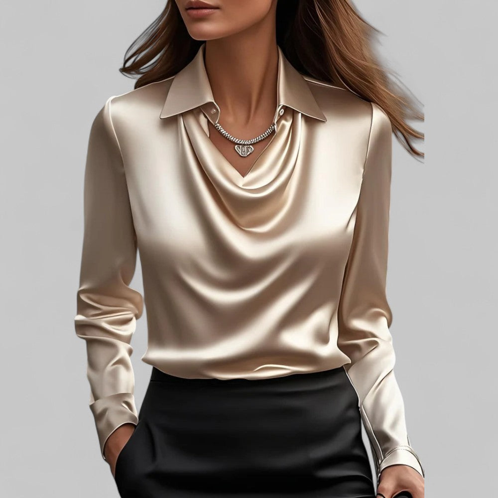 Women's satin blouse, draped V-neck with point collar, long sleeves (champagne)