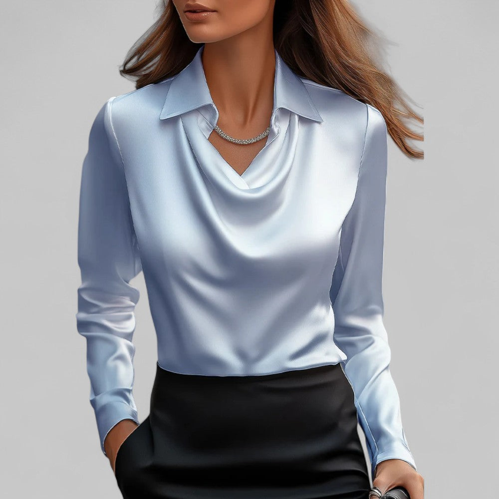 Women's satin blouse, draped V-neck with point collar, long sleeves (blue)