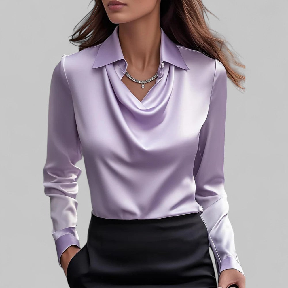 Women's satin blouse, draped V-neck with point collar, long sleeves (purple)