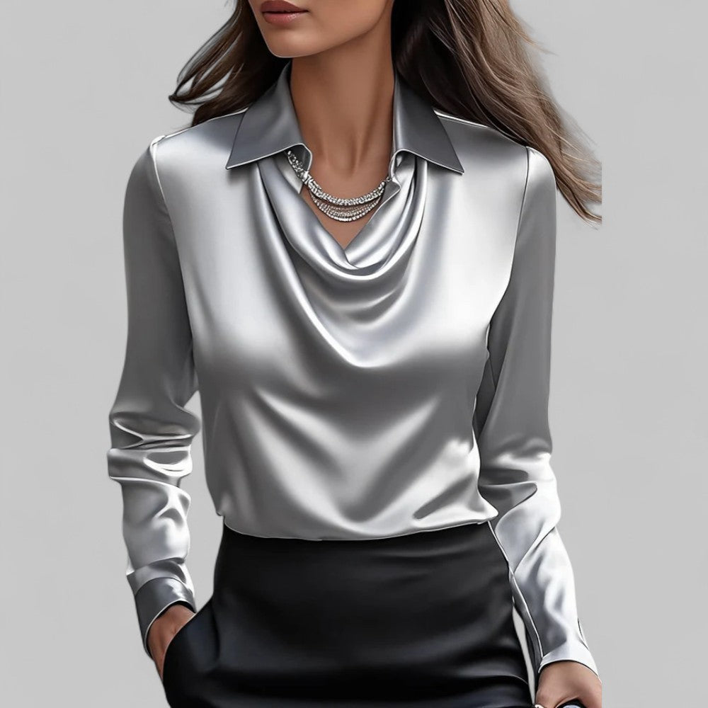 Women's satin blouse, draped V-neck with point collar, long sleeves (grey)