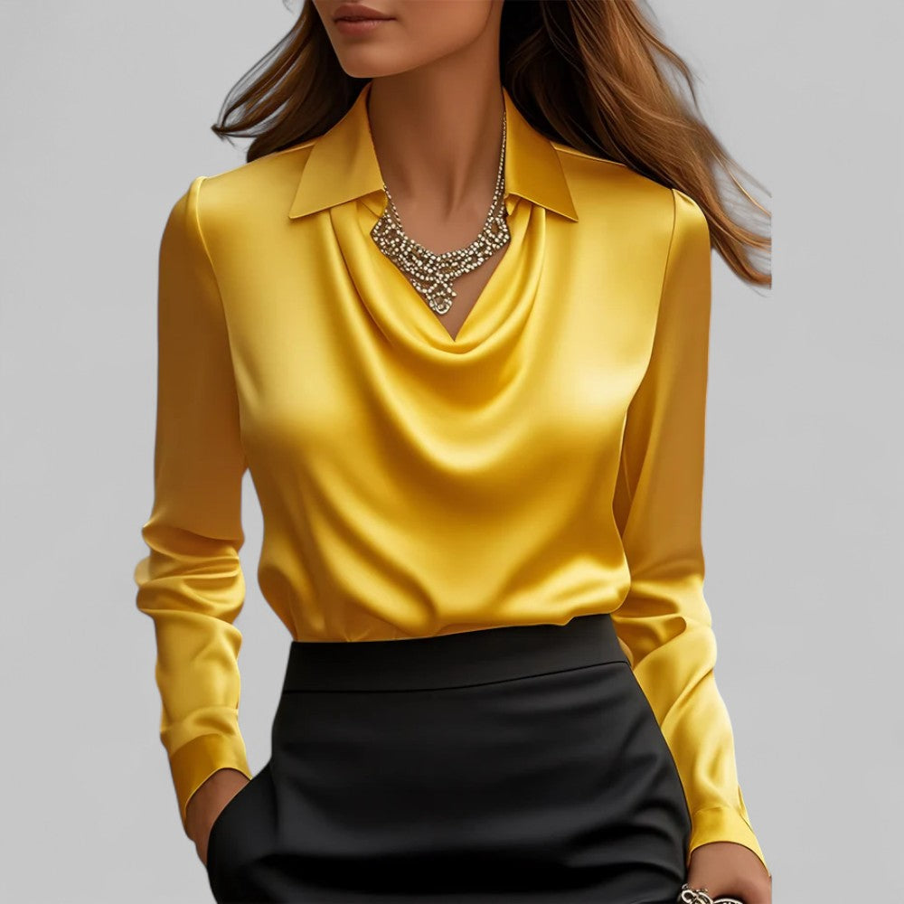 Women's satin blouse, draped V-neck with point collar, long sleeves (yellow)