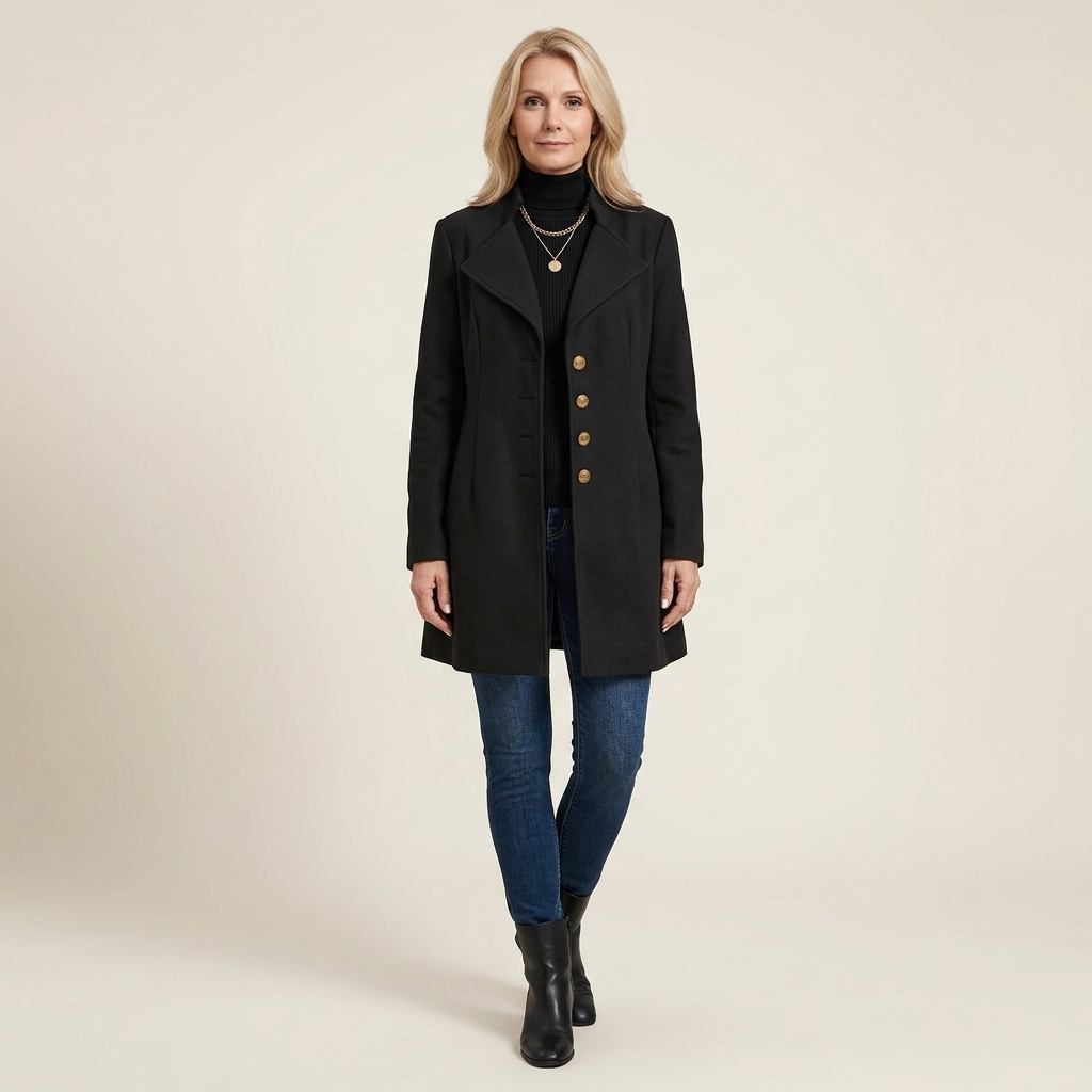 Women's black tailored lapel jacket with button front, structured fit, long office coat