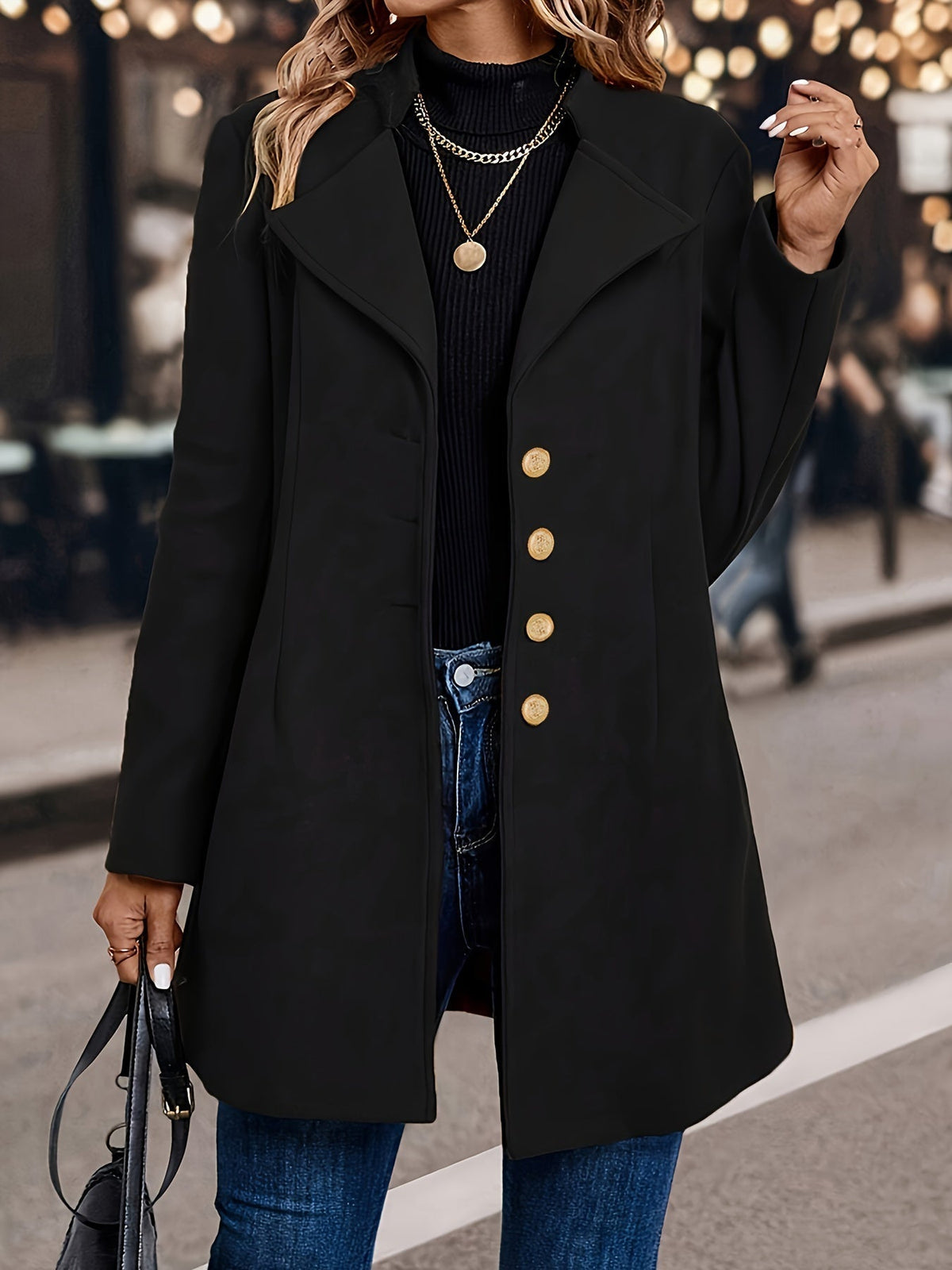 Women’s black tailored lapel button-front jacket with gold-tone buttons