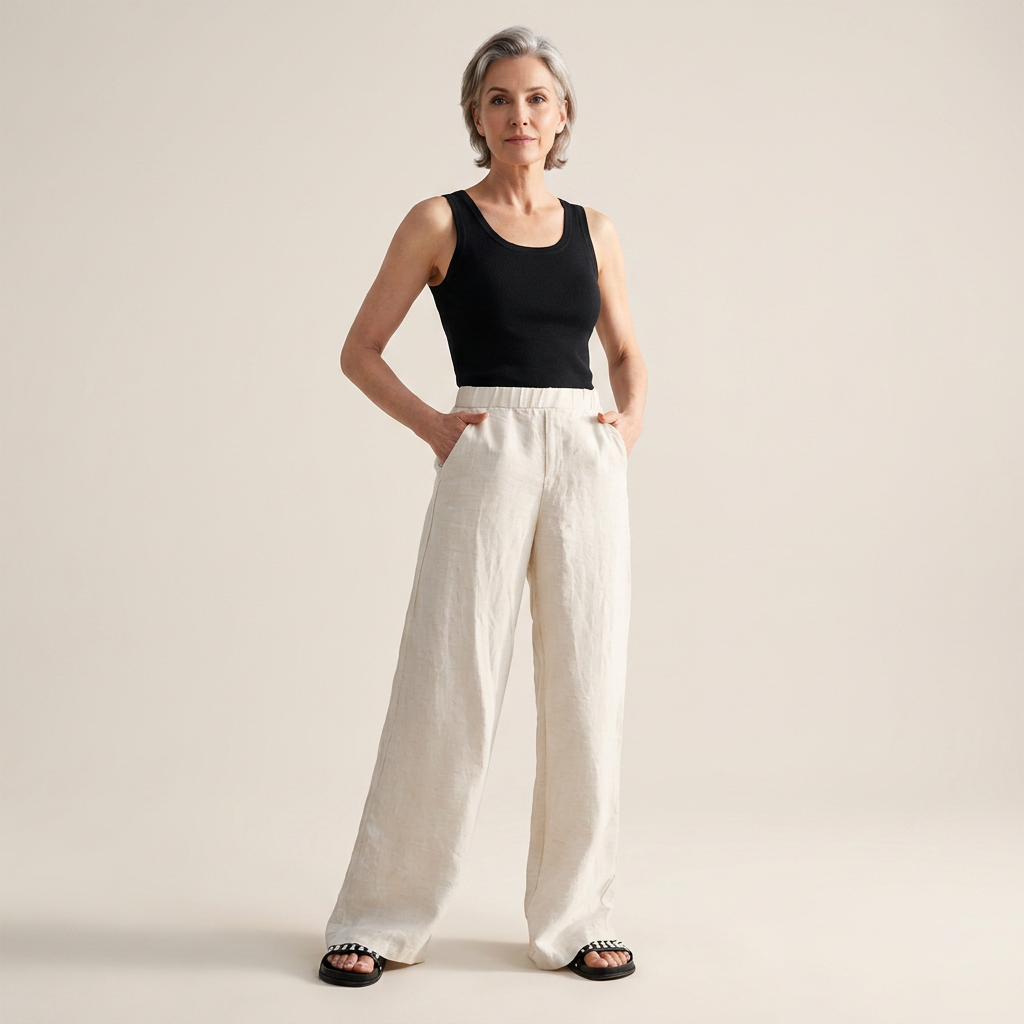 Women's high-rise wide-leg trousers, relaxed fit, light white/cream, full length