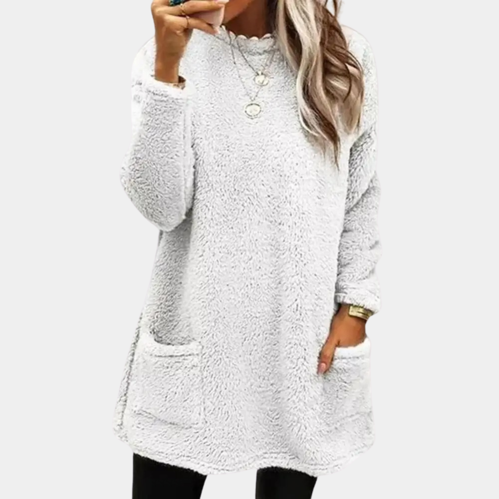 Cozy teddy pocket tunic dress in white, long sleeves, buttoned crew neck, side pockets