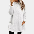 Cozy teddy pocket tunic dress in white, long sleeves, buttoned crew neck, side pockets