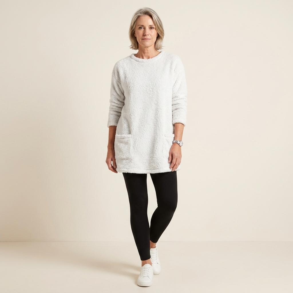 Women's plush teddy tunic dress, crew neck, side pockets, 3/4 sleeves
