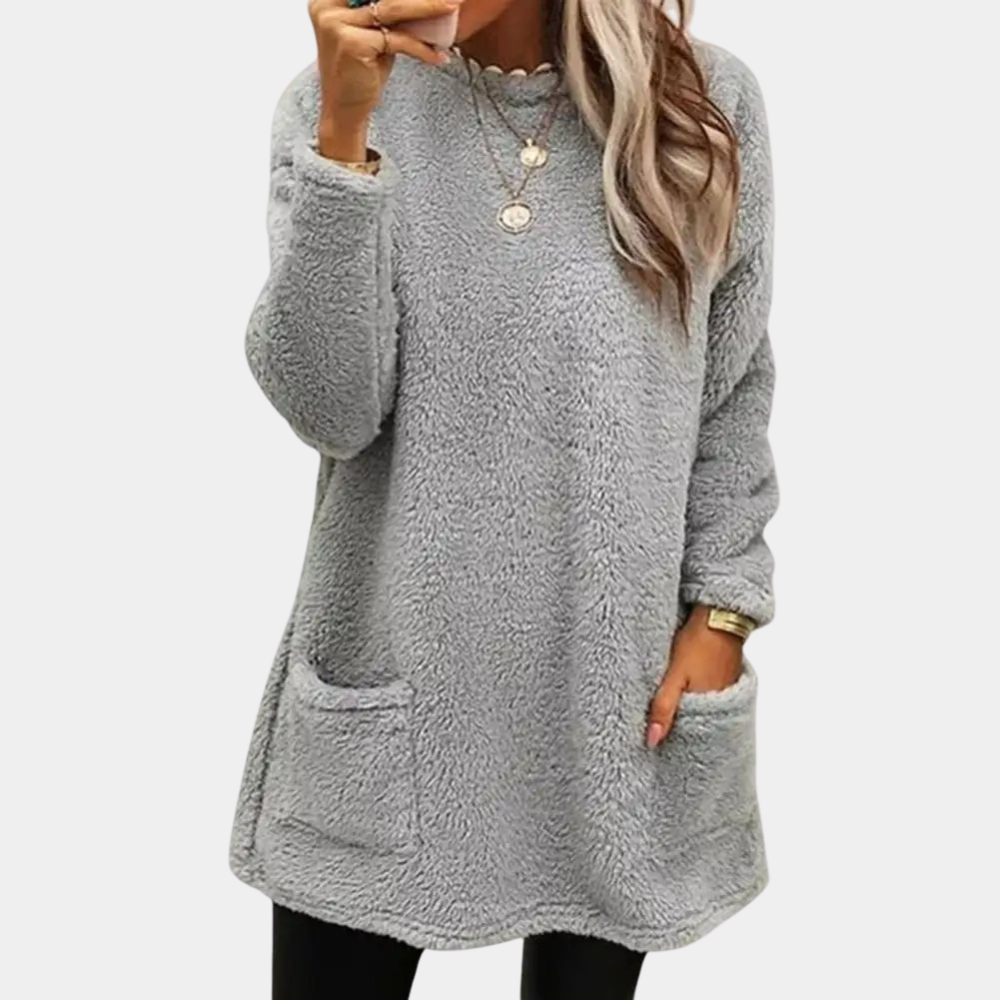 Cozy teddy pocket tunic dress in gray, long sleeves, buttoned crew neck, side pockets