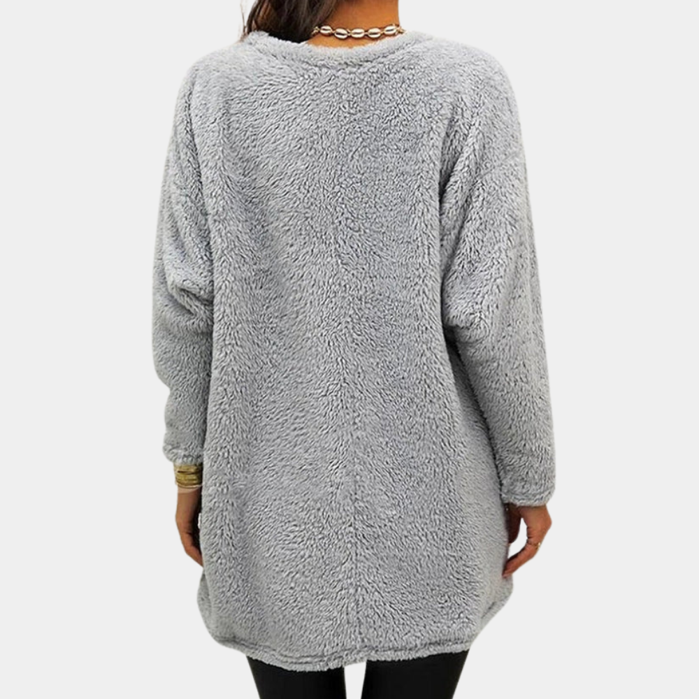 Gray cozy teddy tunic dress with long sleeves and rounded back hem