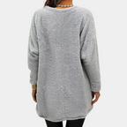 Gray cozy teddy tunic dress with long sleeves and rounded back hem