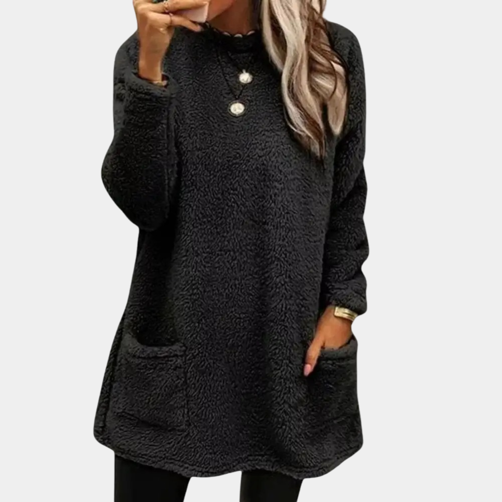 Cozy teddy pocket tunic dress in black, long sleeves, buttoned crew neck, side pockets