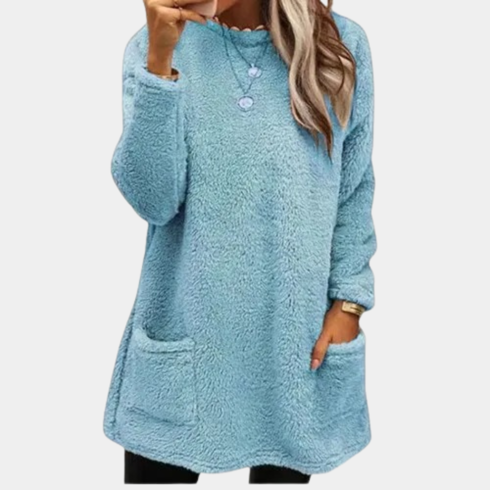 Cozy teddy pocket tunic dress in blue, long sleeves, buttoned crew neck, side pockets