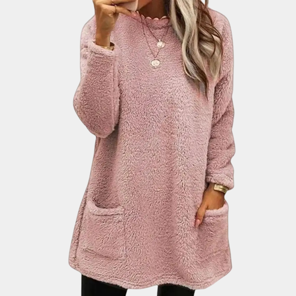Cozy teddy pocket tunic dress in pink, long sleeves, buttoned crew neck, side pockets