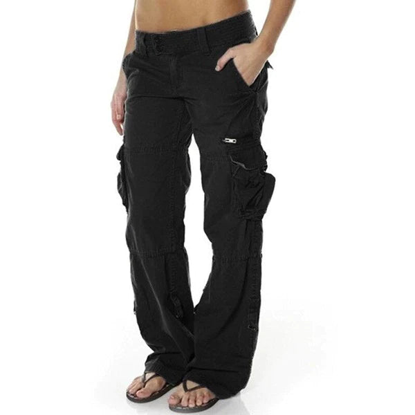 Black relaxed fit cargo trousers with zip fly, belt loops, and side cargo pockets
