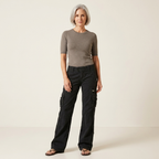 Women's black cargo trousers with utility side pockets, relaxed wide legs
