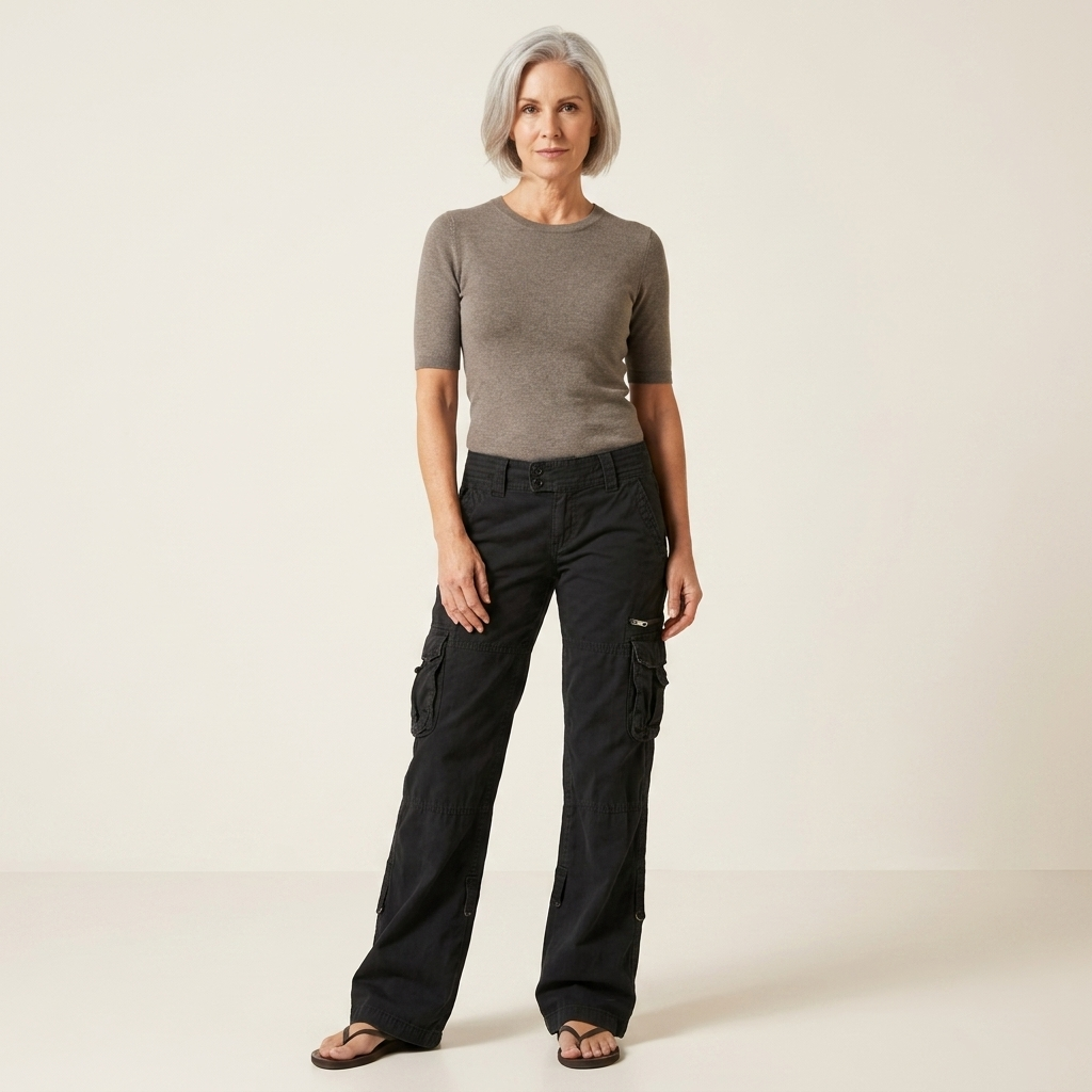 Women's black cargo trousers with utility side pockets, relaxed wide legs