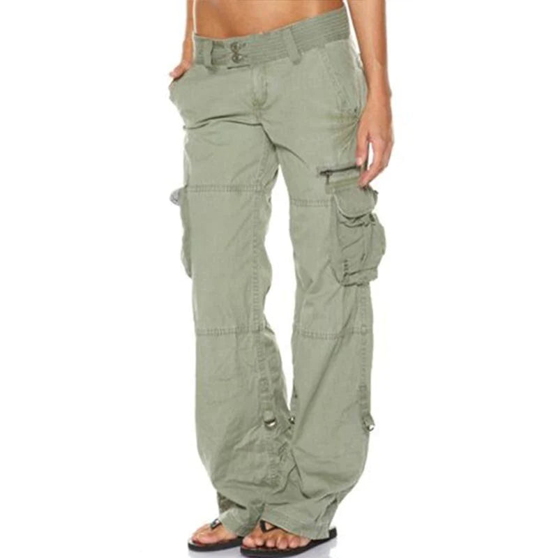 Green relaxed fit cargo trousers with zip fly, belt loops, and side cargo pockets