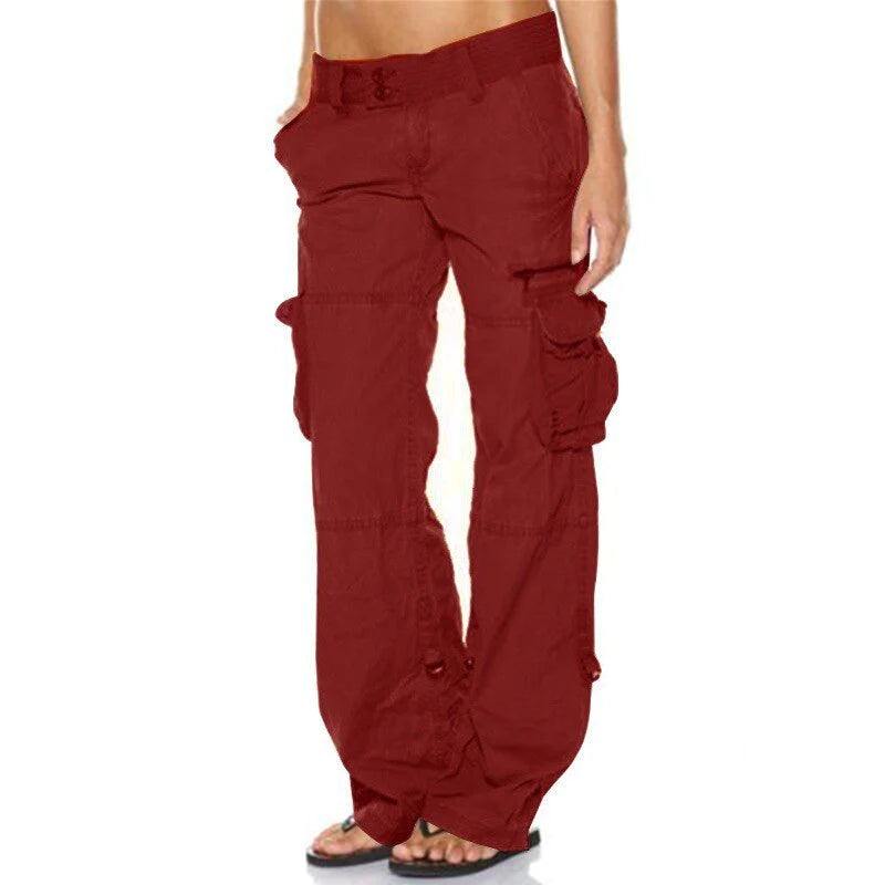 Red relaxed fit cargo trousers with zip fly, belt loops, and side cargo flap pockets