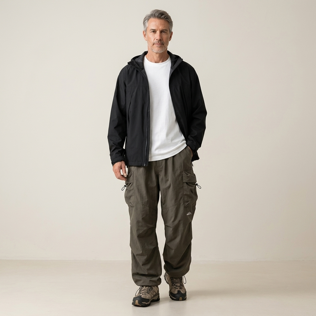 Men's relaxed cargo trousers in dark olive with drawstring hem and side pockets