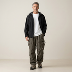 Men's relaxed cargo trousers in dark olive with drawstring hem and side pockets