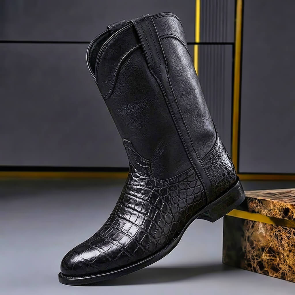 Men's black leather heritage boots with crocodile-print toe and stacked heel