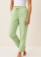 Green wide-leg drawstring trousers with relaxed fit and cuffed hem