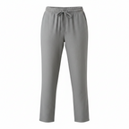 Gray wide-leg drawstring trousers with relaxed fit, elastic waist and cuffed hem