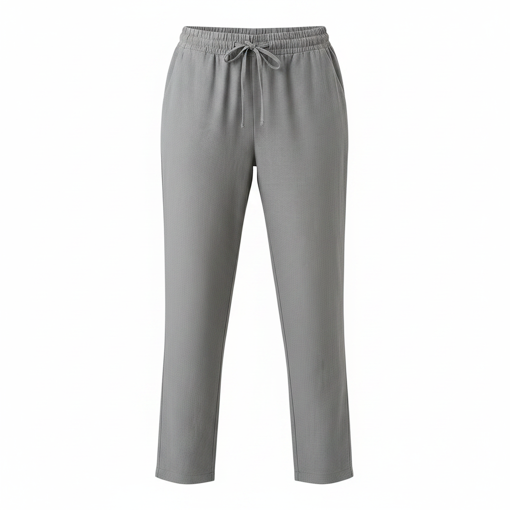 Gray wide-leg drawstring trousers with relaxed fit, elastic waist and cuffed hem