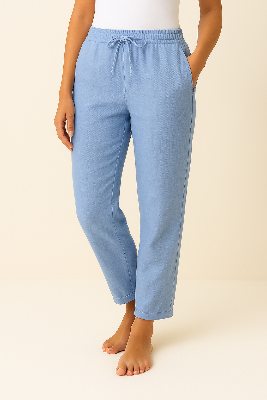 Blue wide-leg drawstring trousers with relaxed fit, elastic waist and drawstring tie