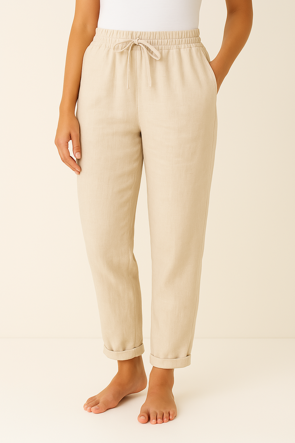 Beige wide-leg drawstring trousers with relaxed fit, elastic waist and drawstring tie