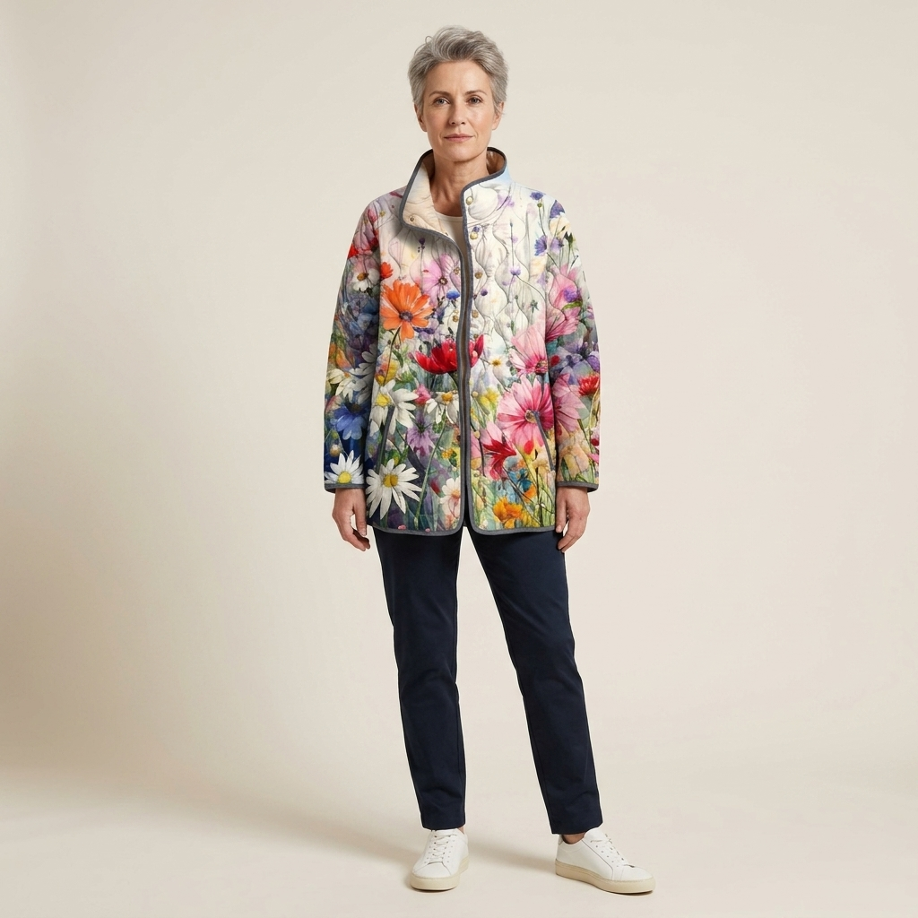 Multicolor floral quilted women’s jacket with zip front, stand collar, long sleeves, side pockets