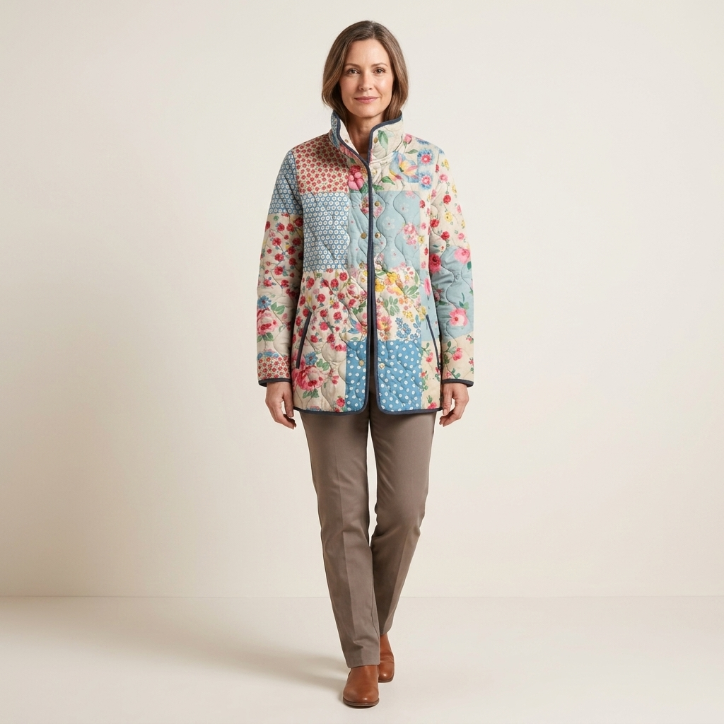 Women's floral quilted puffer jacket, multicolor with front zipper and stand collar