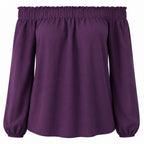 Women's off-shoulder blouse with gathered neckline and long balloon sleeves, deep purple