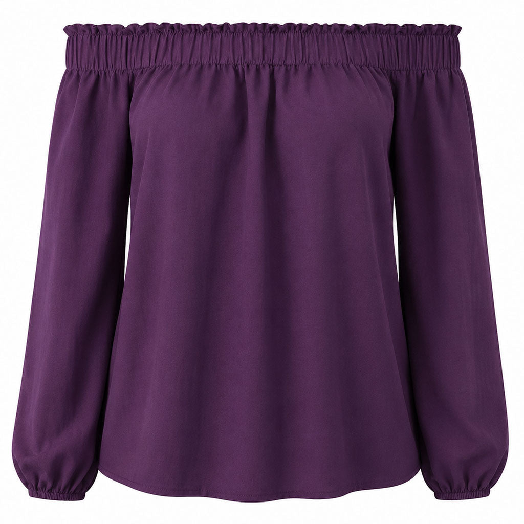Women's off-shoulder blouse with gathered neckline and long balloon sleeves, deep purple