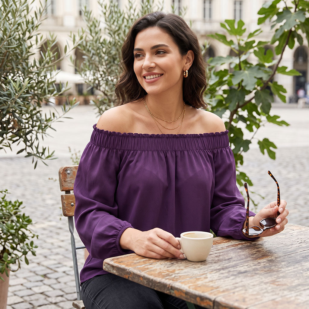 Women's off-shoulder gathered long-sleeve top, relaxed fit, deep purple