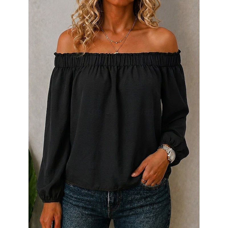 Black off-shoulder top with gathered neckline and long puff sleeves