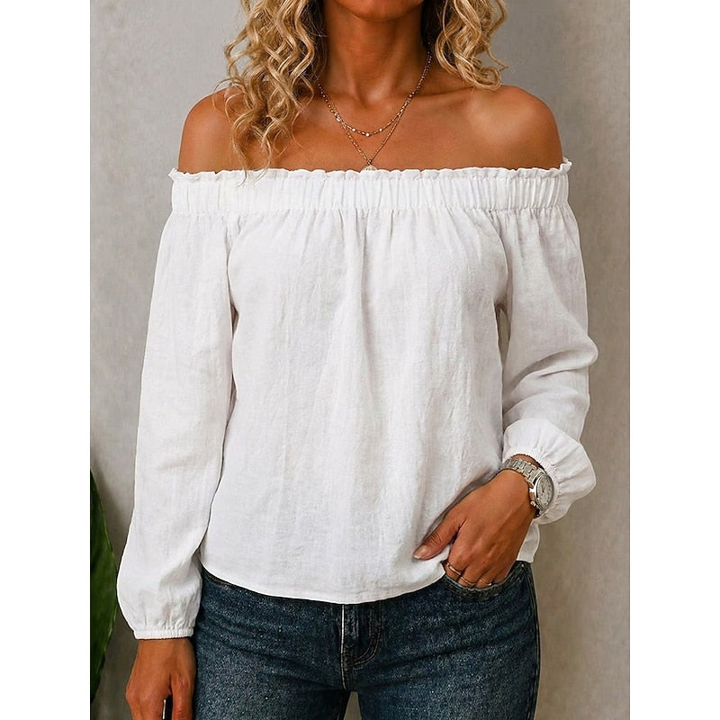 White off-shoulder top with elastic neckline and long balloon sleeves
