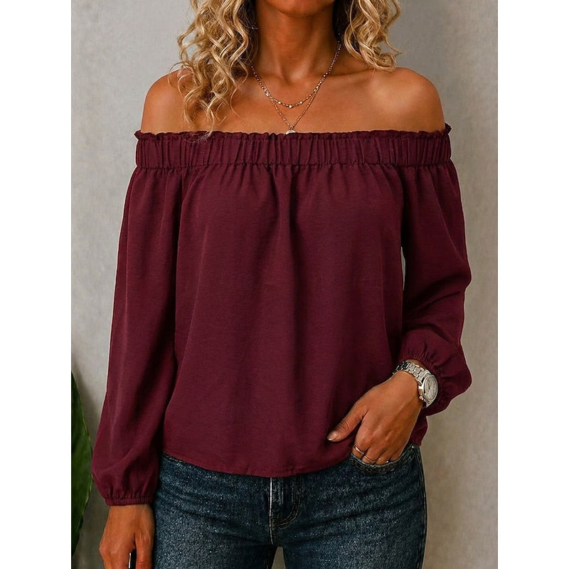 Claret off-shoulder top with gathered elastic neckline and long puff sleeves