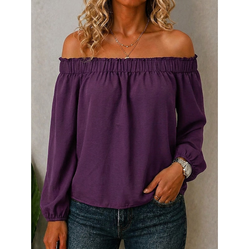 Purple off-shoulder top with smocked neckline and long balloon sleeves