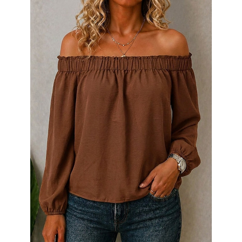 Brown off-shoulder top with gathered elastic neckline and long puff sleeves